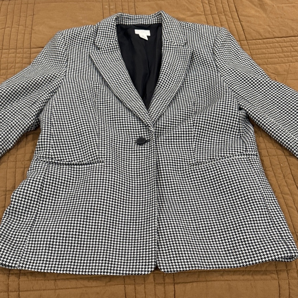 Womens Houndstooth Single-Button Blazer - Black & White